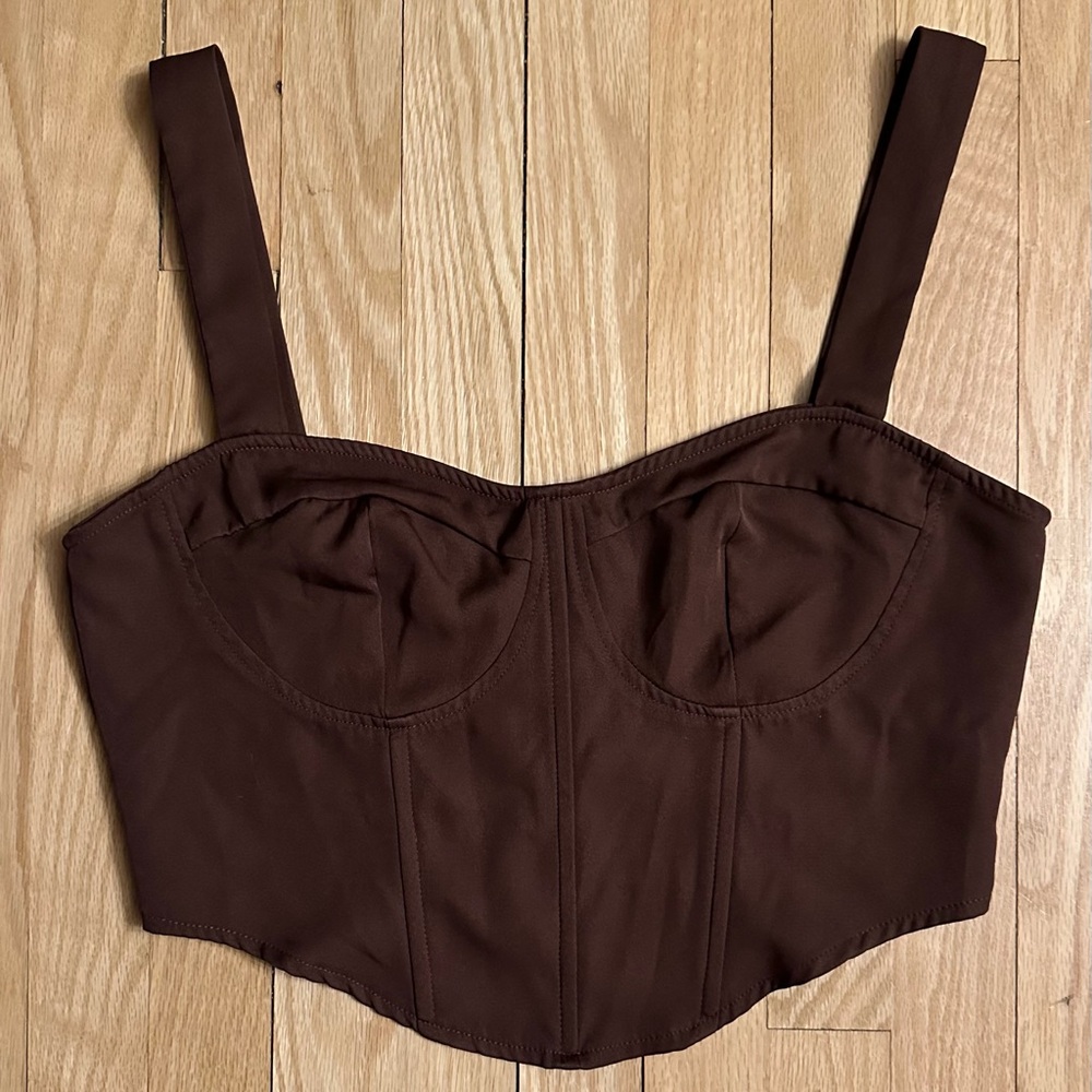 PrettyLittleThing Chocolate Brown Cropped Corset Top With Straps, Size 8 (US)